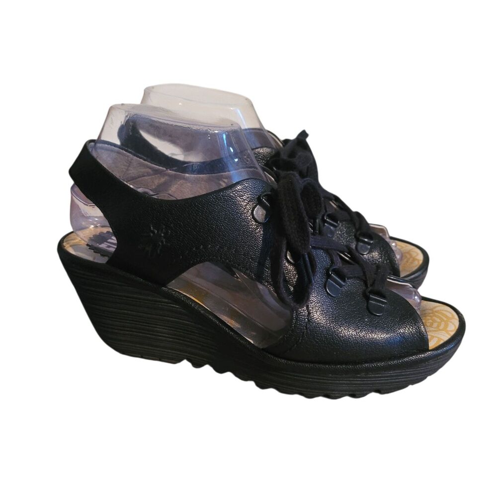 Fly London YLFA Lace Up Wedge Sandals‎ Women's Size 7 Black Leather Artsy Boho